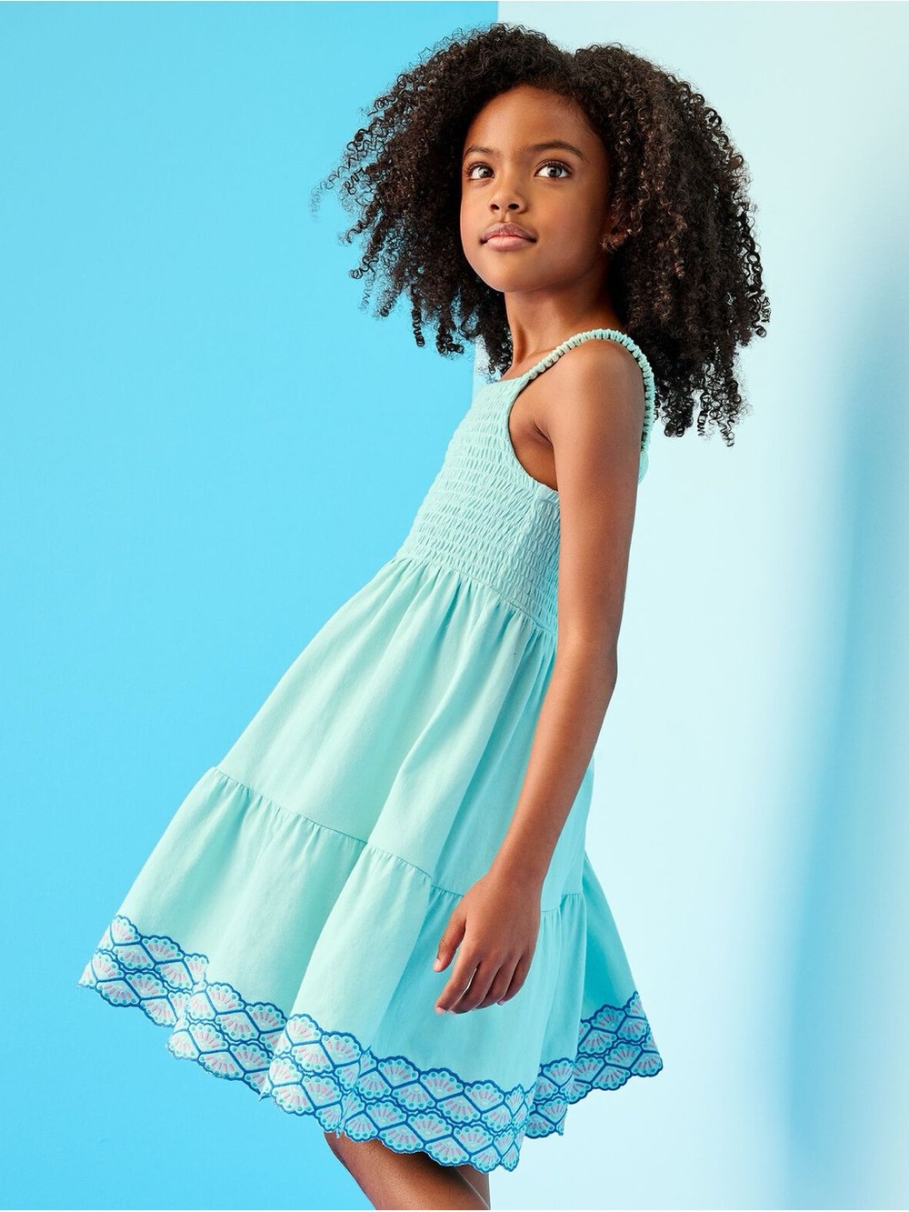 Hanna Andersson Girls' Aqua Smocked Sundress with Embroidered Hem